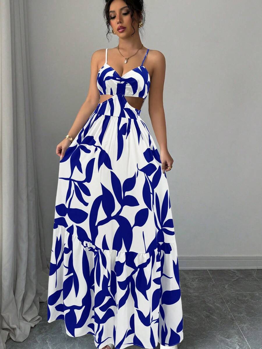 Calvaya Casual Blue Floral Waist Cutout Strap Dress For Women