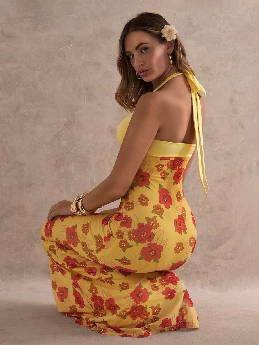 Glamine Abito lungo estivo da donna in stile romantico da vacanza primaverile ed estiva, con spalline a collo alto, decorazione in metallo a forma di stella marina, stampa floreale in rete, taglio aderente ed elastico, senza maniche