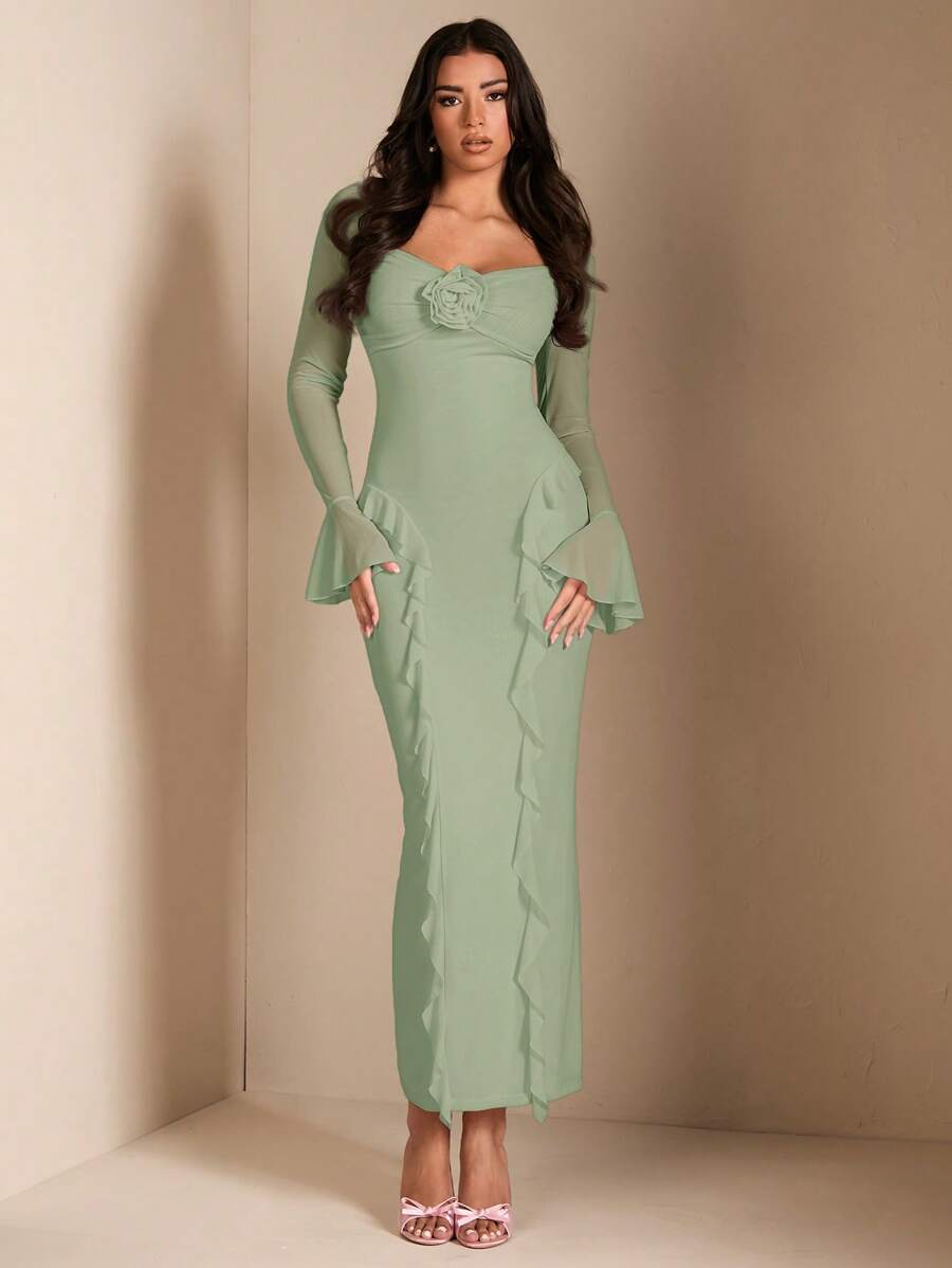 SHEIN BAE Elegant Floral 3D Decor Long Sleeve Ruffled Hem Dress, Perfect For Daily Wear, Dates, Outings, Parties, Fall Outfit For Women,Mint Green Dress