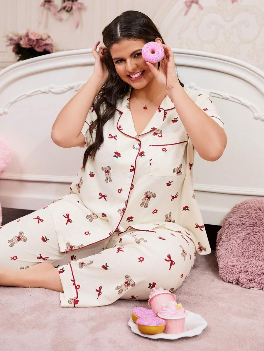 SweetSlumber Conjunto de pijama talla grande con estampado de conejo con moño, arrugado y holgado