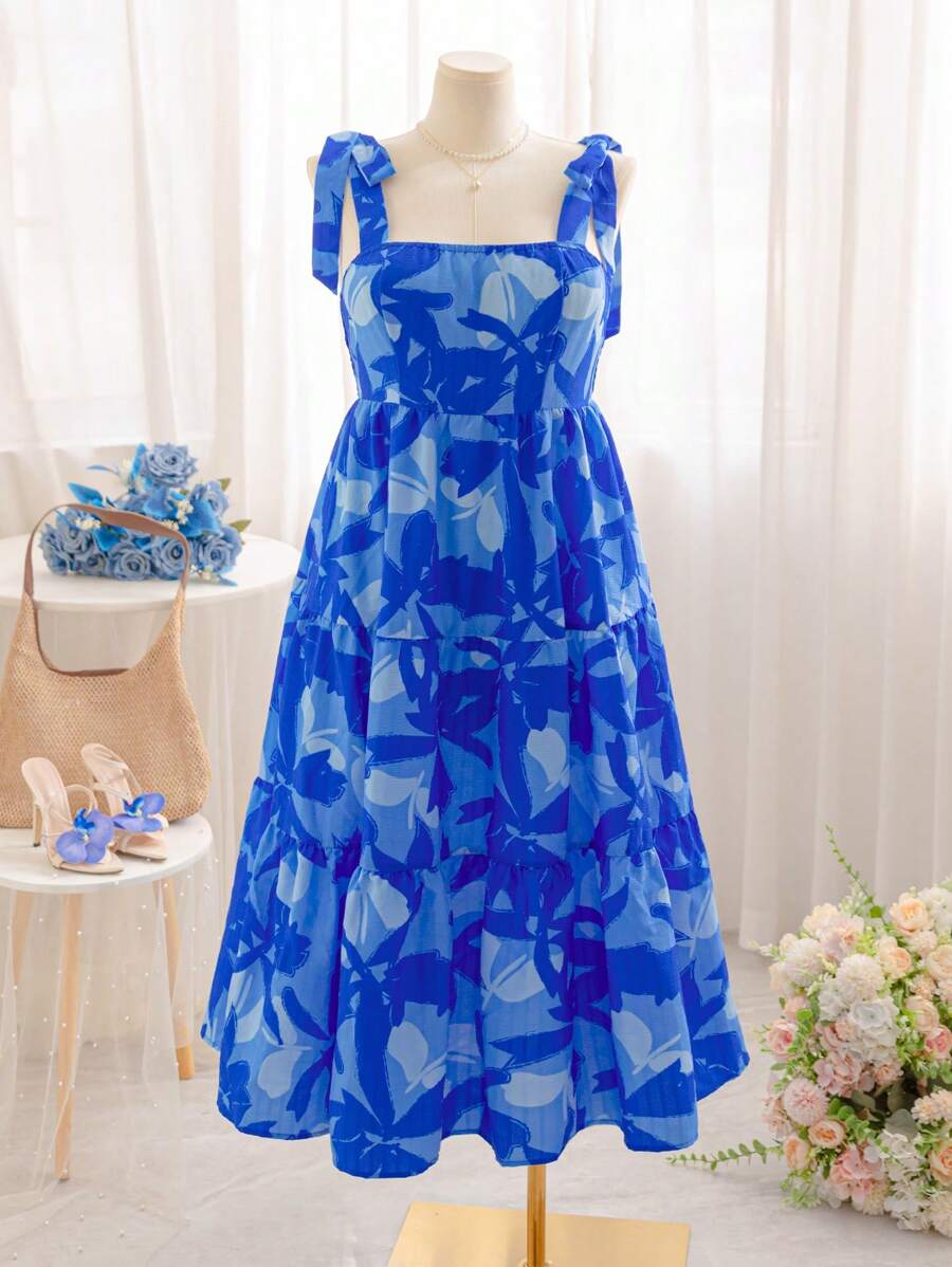 Soleia Plus Size Women Floral Print Tie-Up Strap Maxi Dress, Suitable For Vacation, Graduation, Back To School, Fall Season