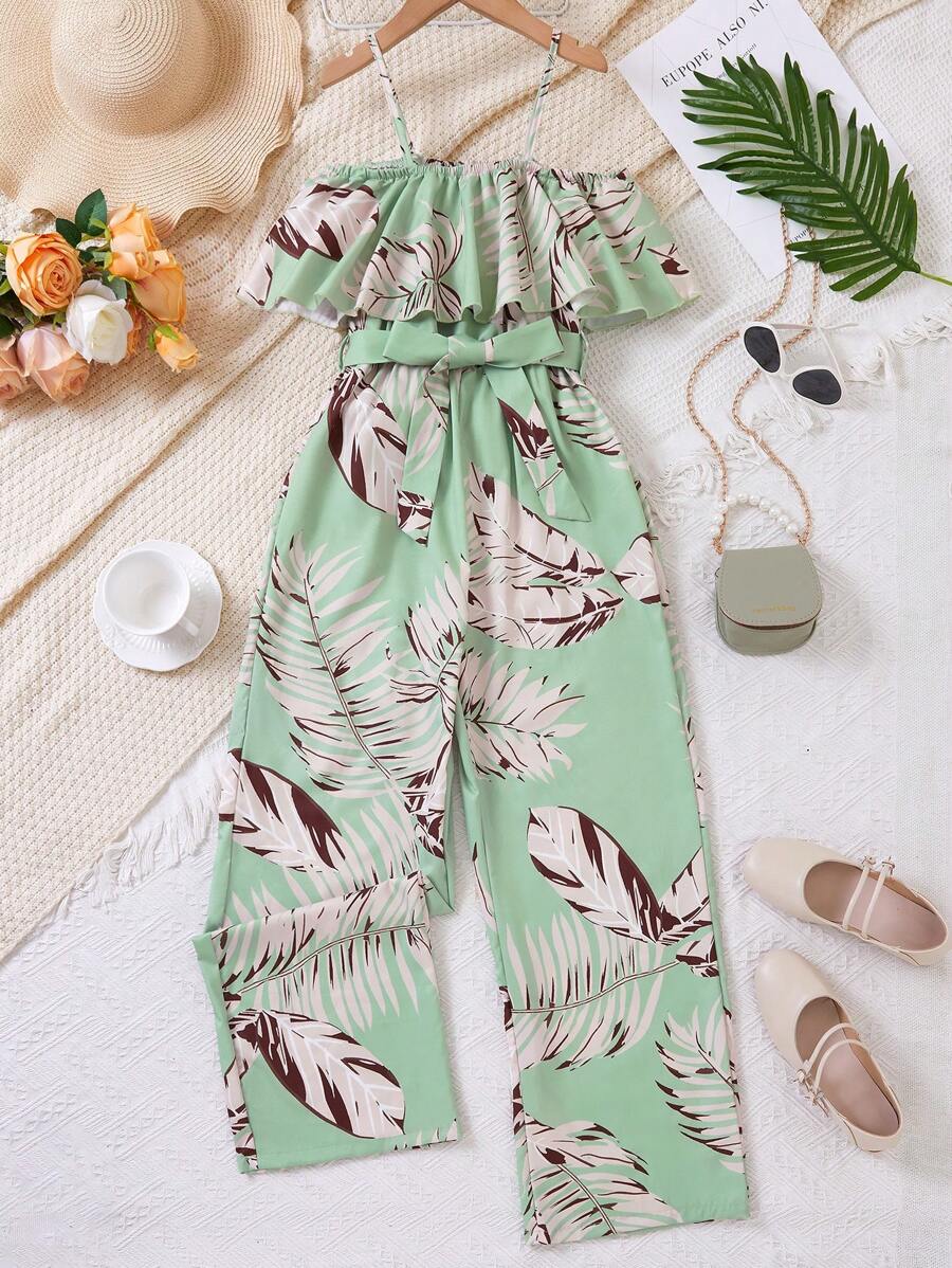 Teen Girls Botanical Print Ruffle Hem Sleeveless Jumpsuit