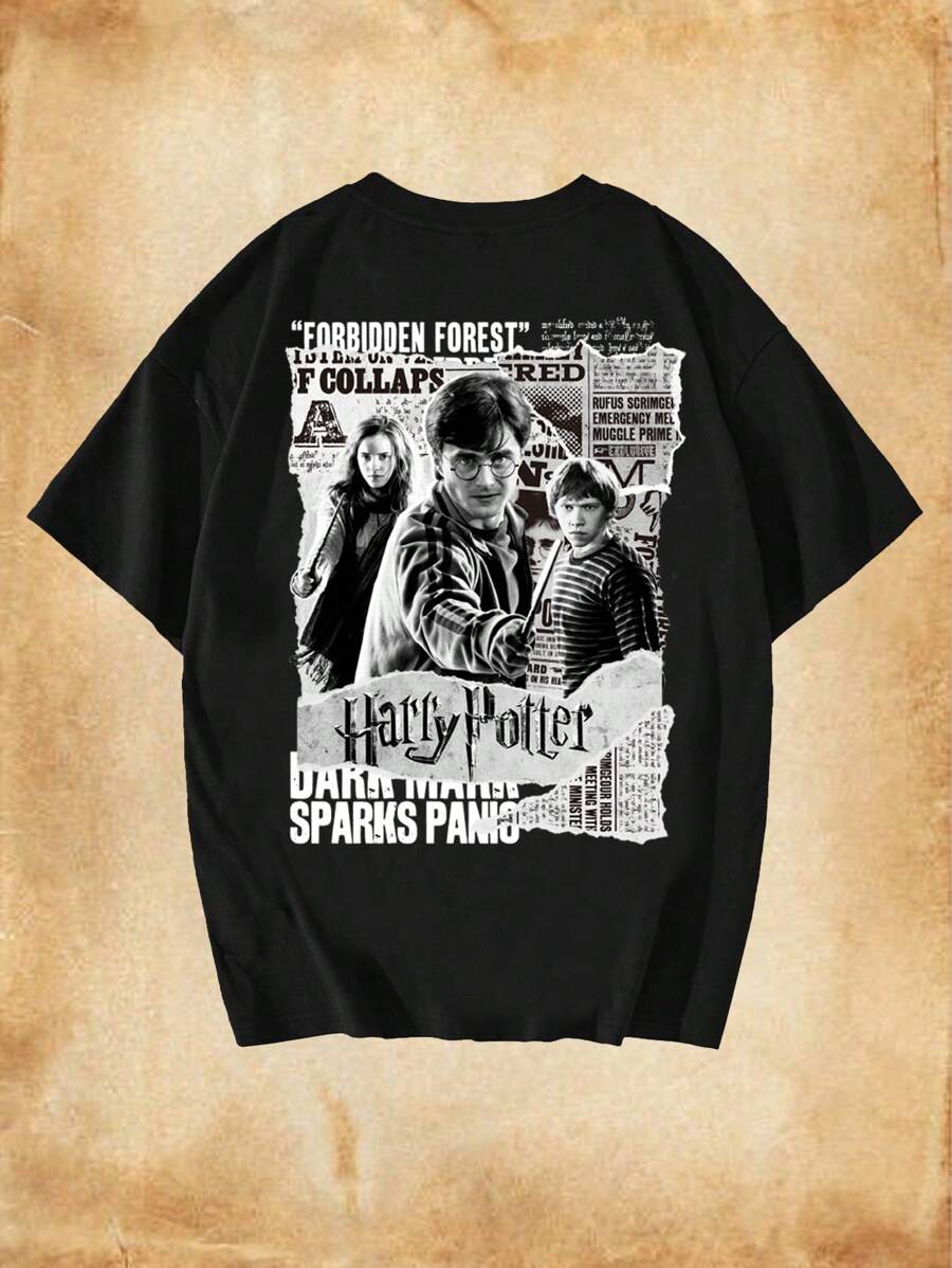 HARRY POTTER X SHEIN Camiseta de manga corta con cuello redondo y gráfico de figura y letra para mujer