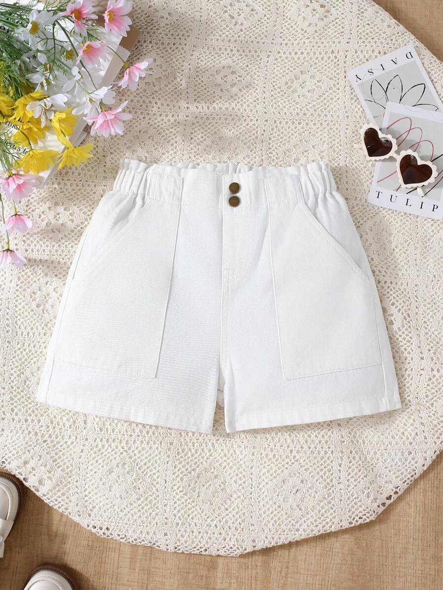 Girls' Oversized Y2K Style Washed White Denim Shorts With Ruffle Waistband And Button Decor, Casual, Versatile And Stylish For Daily Wear
