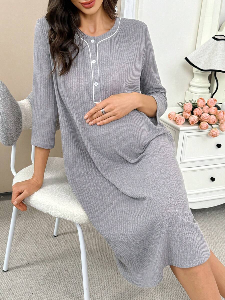 SHEIN Abito maglia premaman a v con bottoni a metà, maniche a 3/4, monocromatico, vestito casual ampio da casa