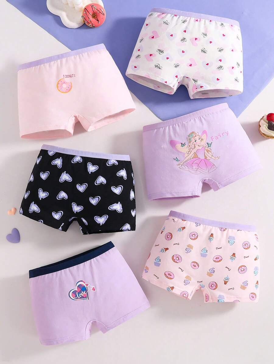 SHEIN 6 piezas de bragas de algodón con estampados lindos de moños, donas, corazones y cerezas para niñas