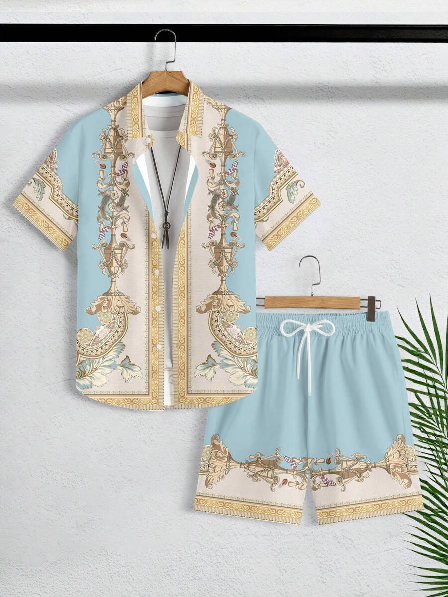 Manfinity KASUA Conjunto de camisa de manga corta abotonada de ajuste estándar con estampado de elemento de lujo grabado y pantalón corto, 2 piezas, adecuado para vacaciones de verano, citas, fiestas, atuendo de pareja, gran regalo para el novio