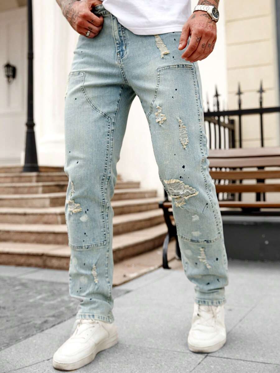 Manfinity EMRG Men's Light Blue Distressed Denim Skinny Jeans, Streetwear Elastic Fit