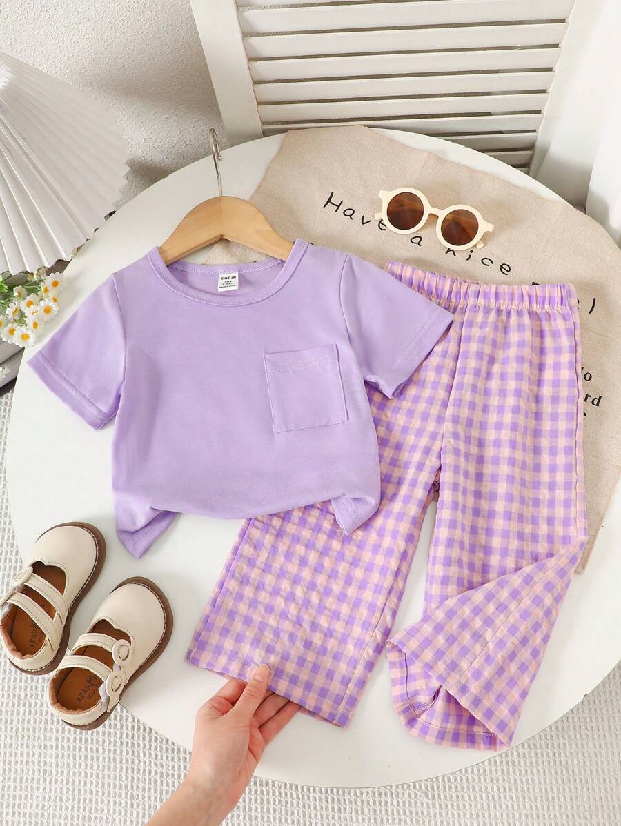 SHEIN 2pcs/Set Baby Girl Plaid Print Comfortable Fashion Versatile All-Match Top And Shorts, Spring/Summer