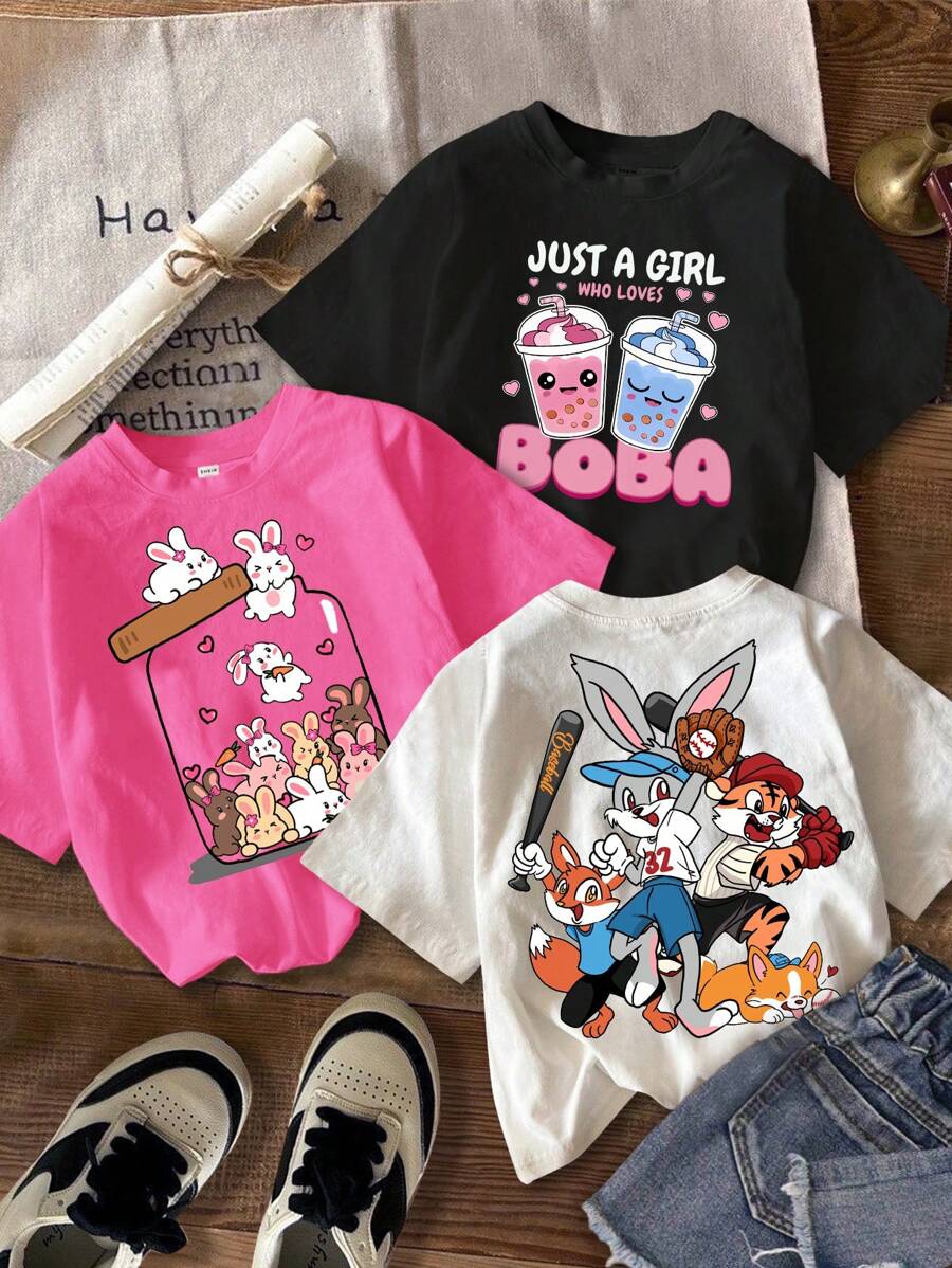 SHEIN Tricouri casual, minimaliste, cu model de desene animate, mai multe piese, potrivite pentru vară