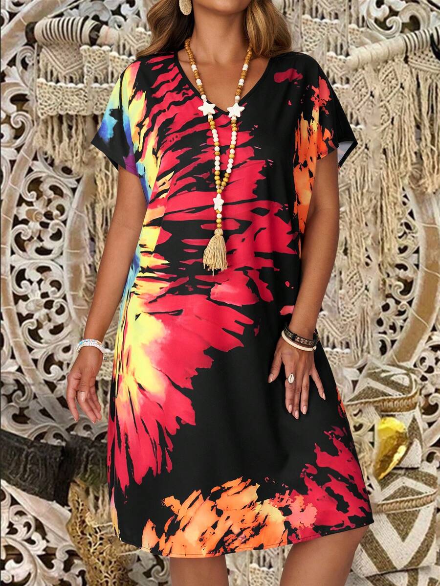 EMERY ROSE Vestito casual con stampa Tintura a nodi a maniche corte, adatto a taglie comode, ideale per vacanze estive