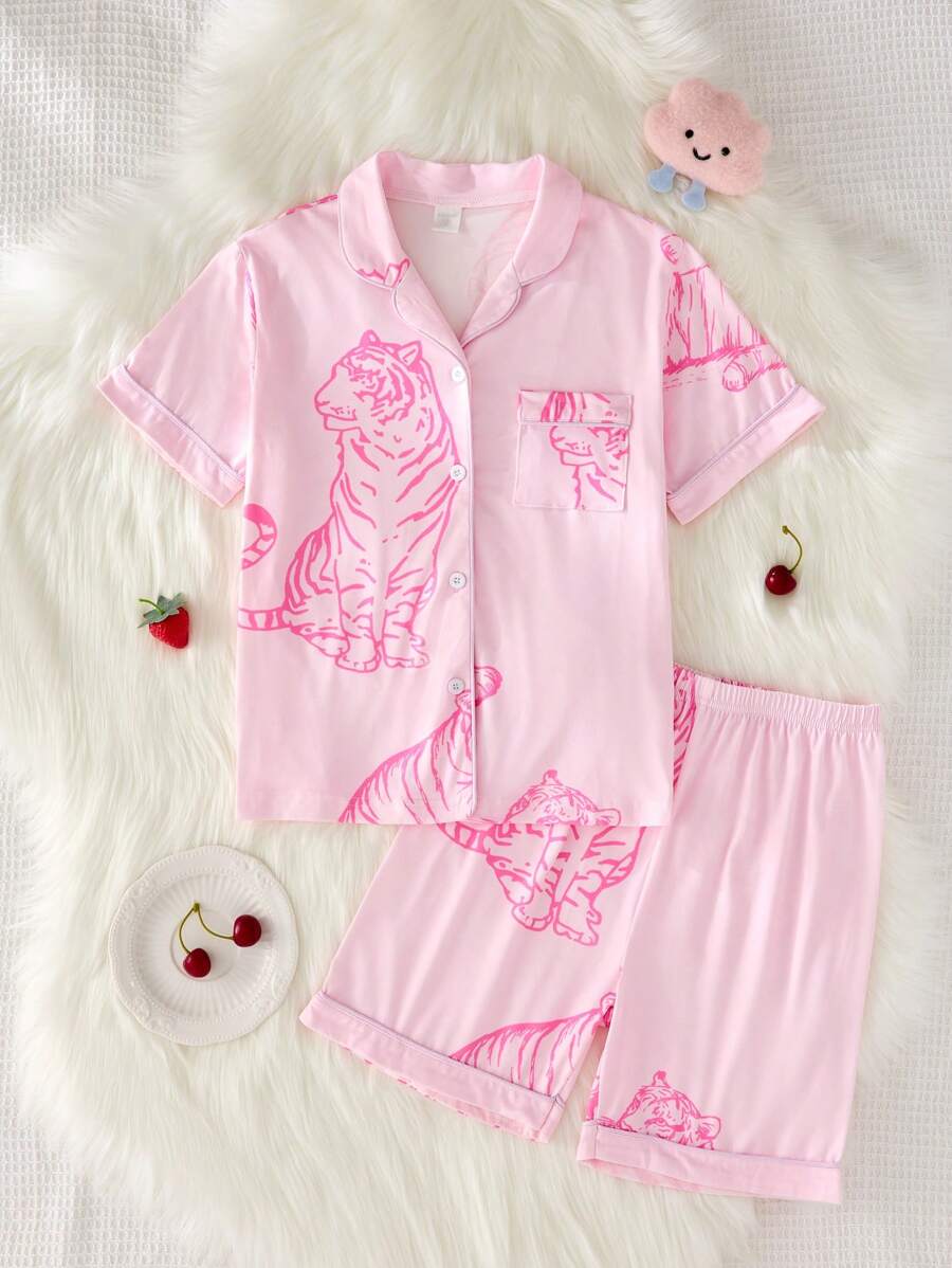 Conjunto de pijama de 2 piezas para niñas preadolescentes con cárdigan de manga corta y estampado de animales, y pantalones cortos en color rosa claro
