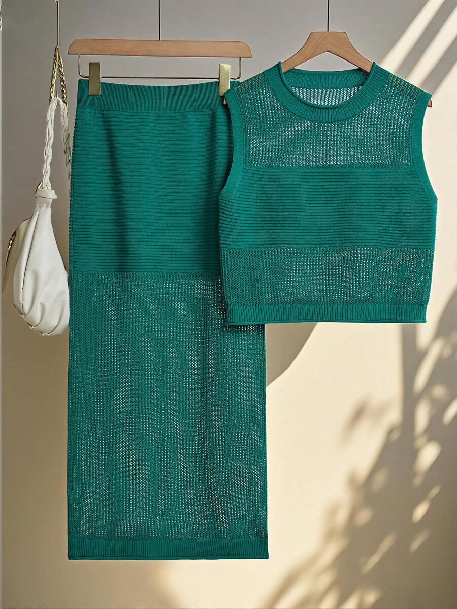 Franclia Summer Women 2 Pieces Casual Hollow Out Knitted Sweater Vest And Mini Skirt Suits