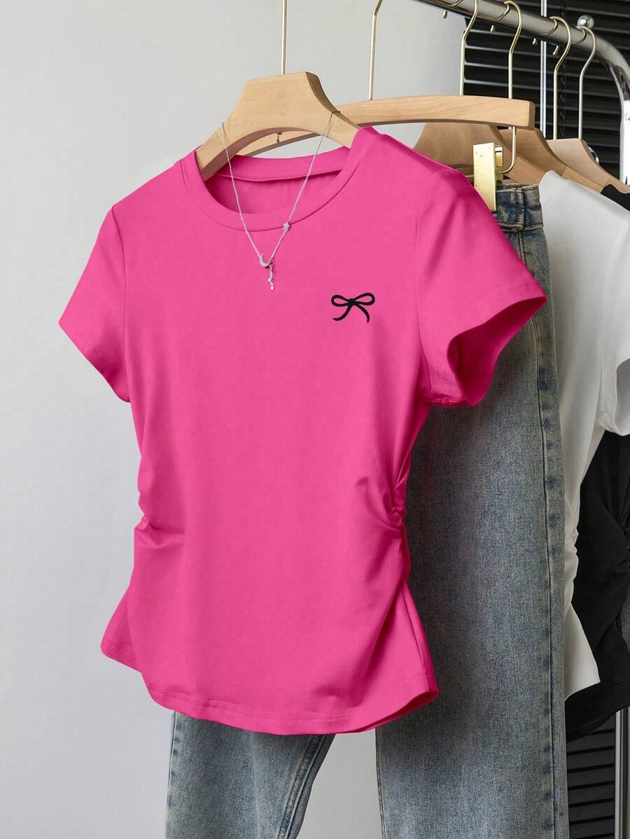 Teen Girl Casual & Versatile Minimalist Front Bow Print Short Sleeve T-Shirt