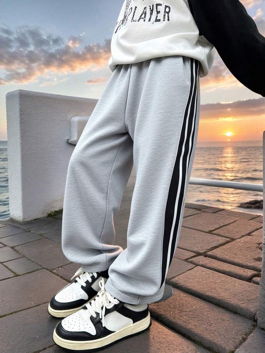Young Boy Side Contrast Stitching Loose Straight-Leg Pants, Versatile For Daily Casual And Sports, Breathable Thin Fabric