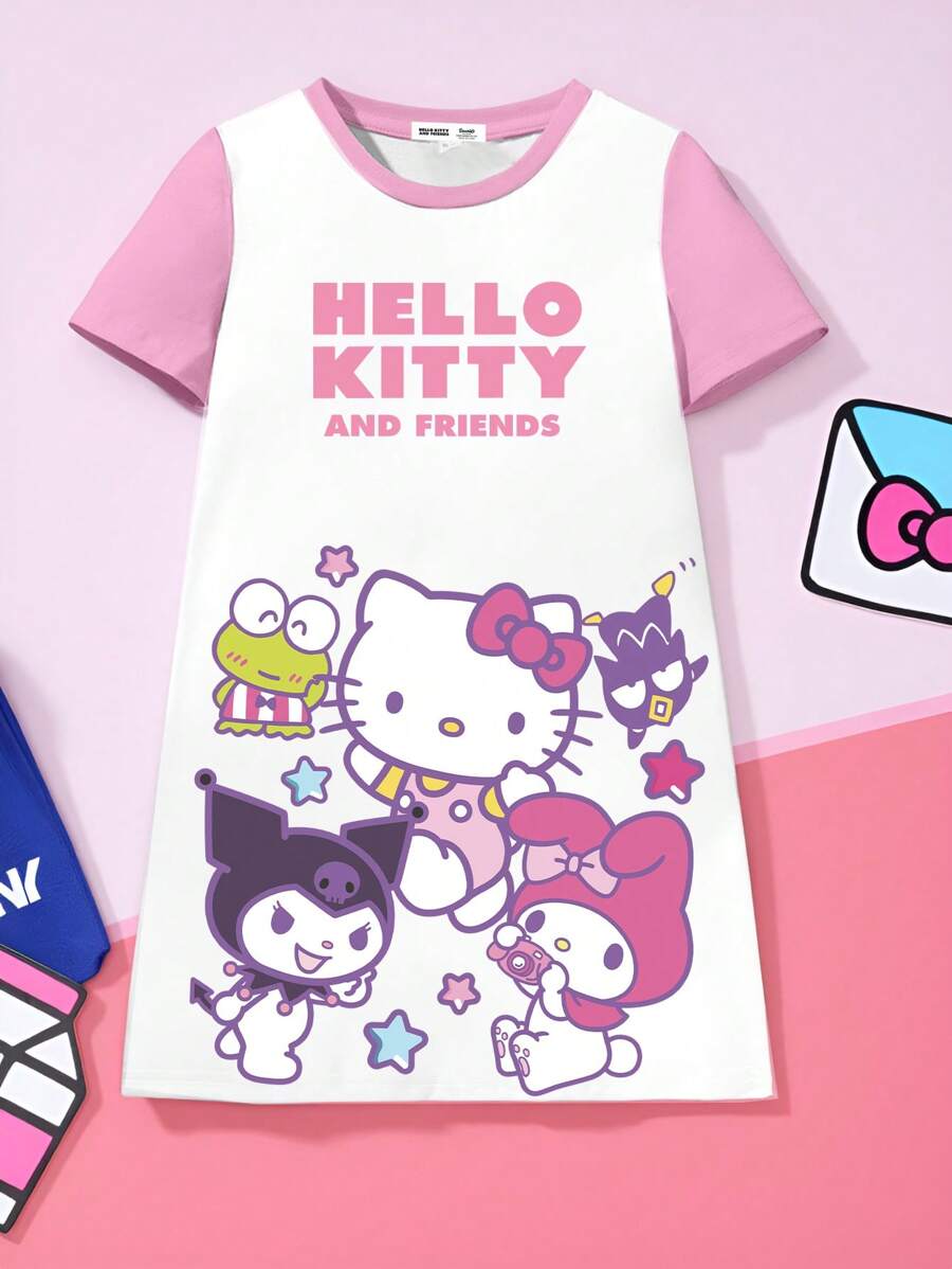 HELLO KITTY AND FRIENDS | SHEIN Young Girl Colorblock Short Sleeve Spring/Summer Cartoon Cute Graphic Print Casual Loose Dress