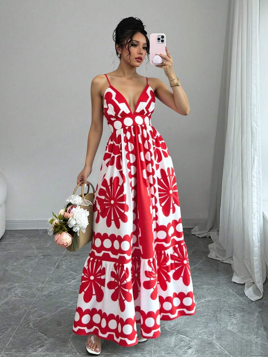 Chiquease Vestito elegante a scollatura profonda a V con stampa floreale per donna
