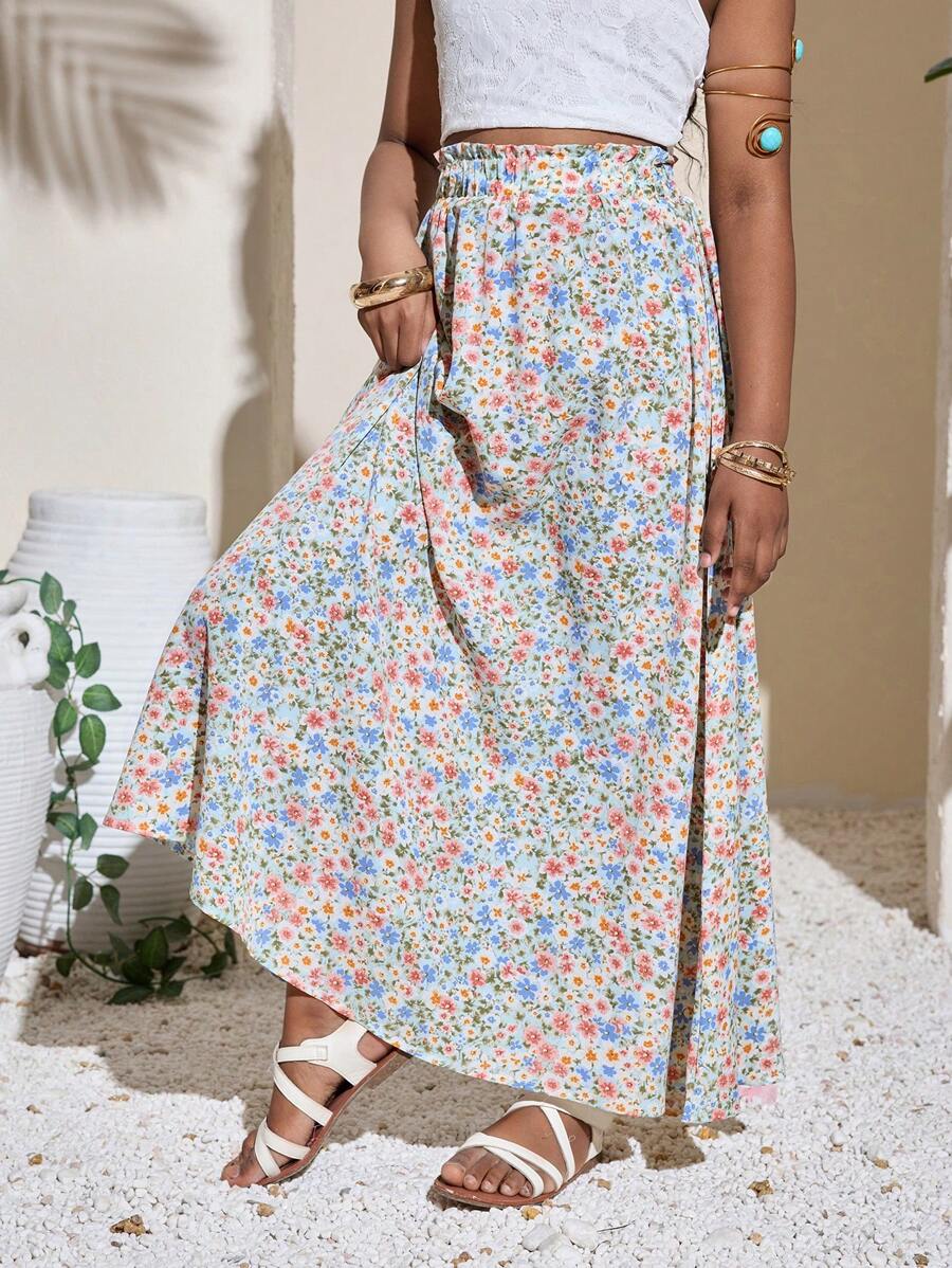 SHEIN Saia Midi Casual de Férias de Chiffon com Estampa Floral Miúda para Meninas Pré-adolescentes