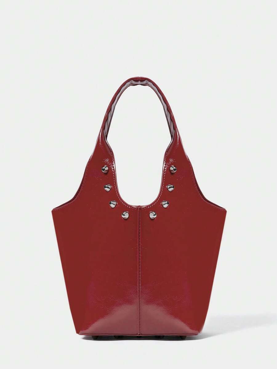 SHECARRY Sac seau à rivets de style de rue punk pour femmes Y2K, couleur bordeaux, accessoire de la Saint-Valentin