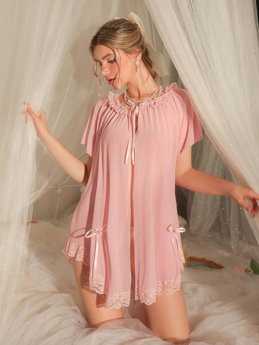 DelicateAllure Camisón de media manga con decoración floral de malla y encaje para señoras, ideal para vacaciones