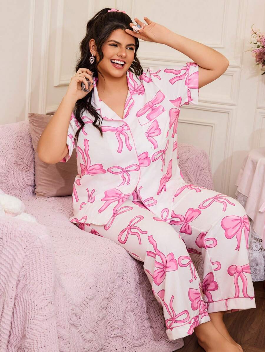 SweetSlumber Plus Size Sweet Romantic Bow Print Pajama Set
