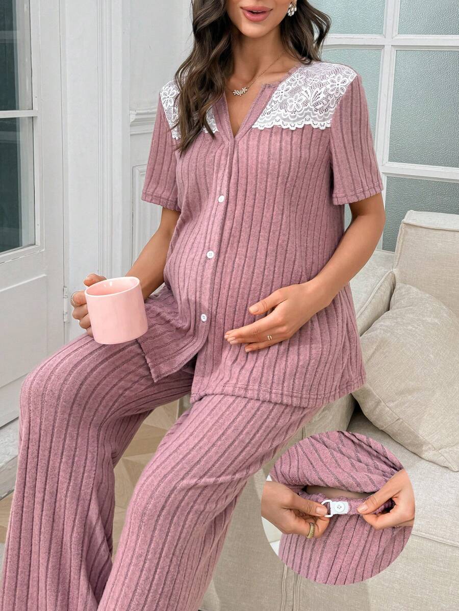SHEIN Women Casual Lace Patchwork V-Neck Short Sleeve Loungewear Set With Pants, Maternity Pajamas