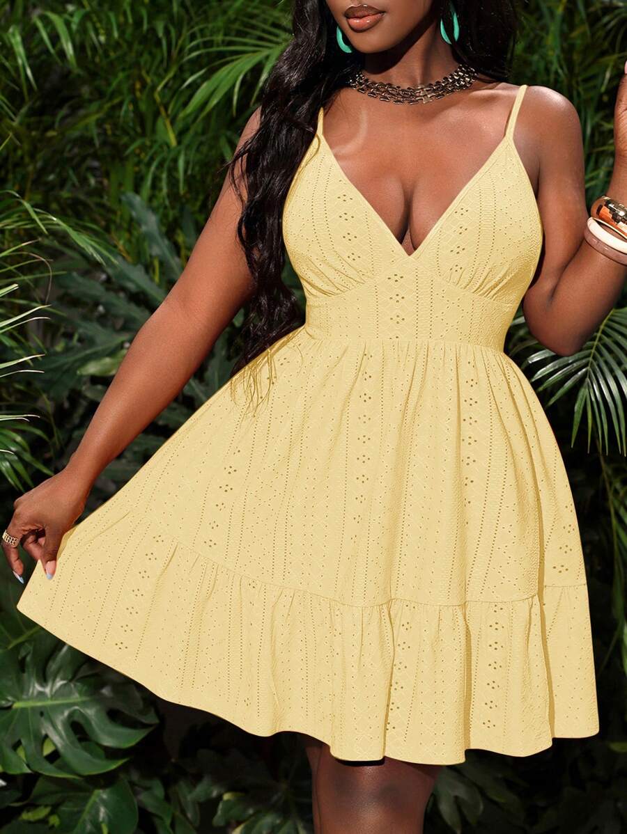 Slaydiva Vestido mini entallado sin mangas de tela de jacquard con recorte de volantes, color amarillo, para uso casual en la playa/días festivos