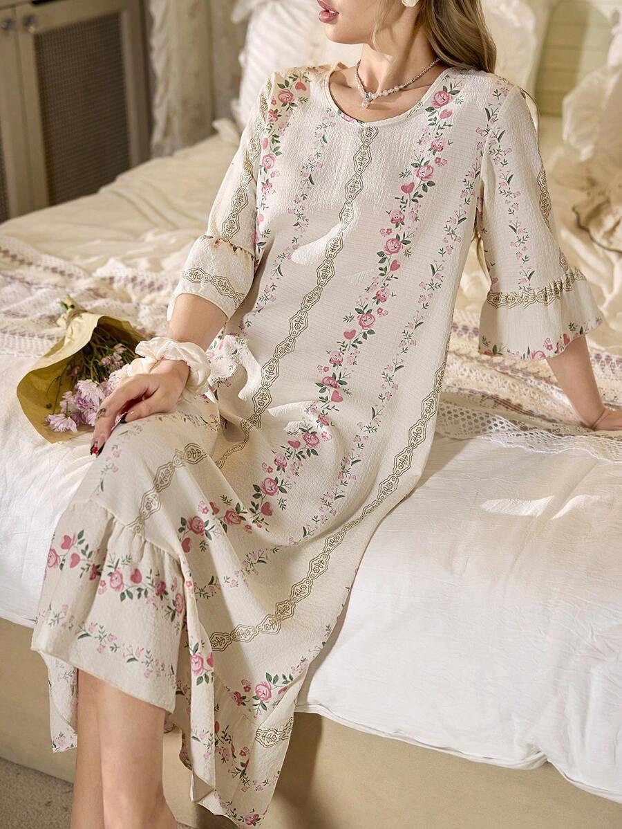 CottageSlumber Camisón largo de mujer con estampado floral romántico de cuello en V con volantes en el dobladillo, perfecto para el verano y las vacaciones
