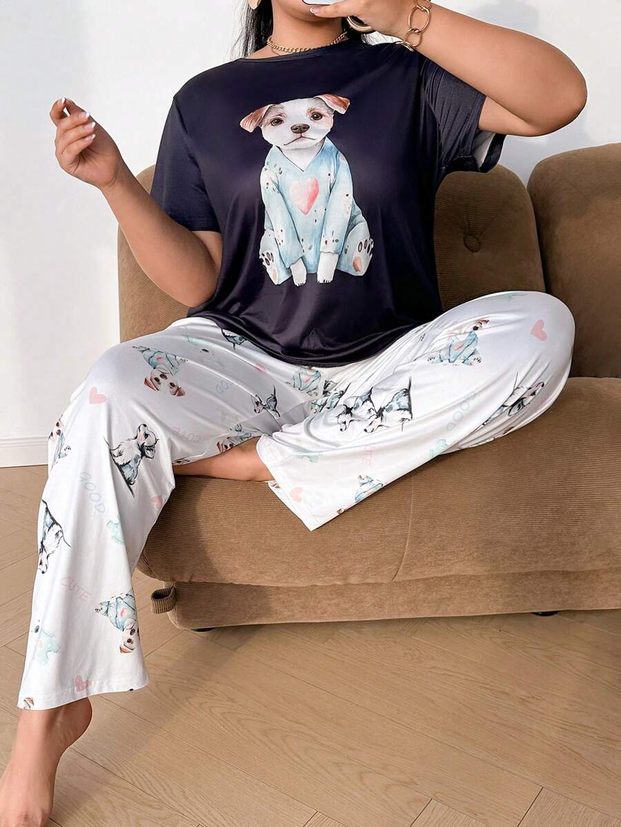 SHEIN Conjunto de pijama con estampado de animales de dibujos animados, de manga corta y pantalones cortos, para talla grande