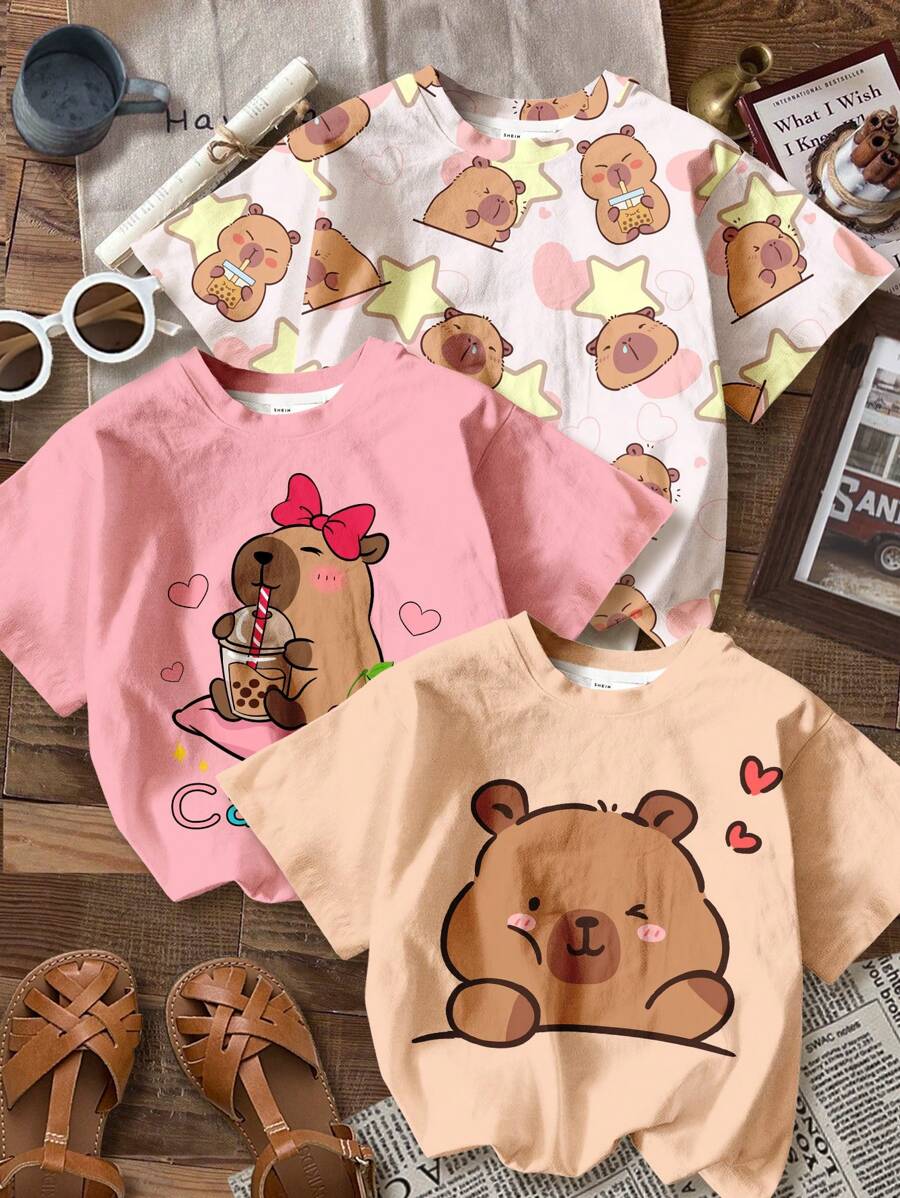 SHEIN 2 peças/Conjunto Capivara Fofa, Anime Rosa, Coração e Laço Impresso, Camiseta de Tripulação de Manga Curta Casual Minimalista, Verão Pré-adolescente Menina