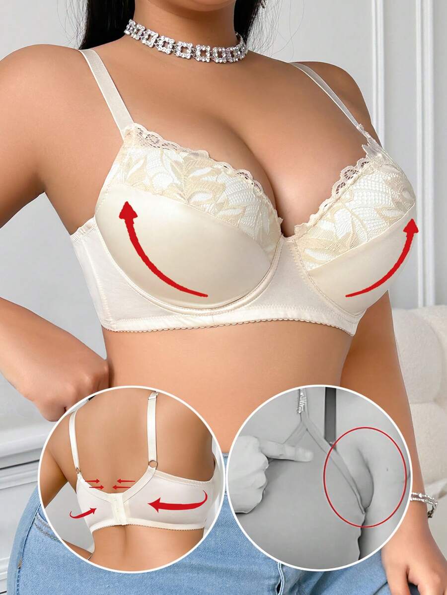 SHEIN 1 pieza Sujetador de encaje de moda cómodo de unicolor para mujer de talla grande