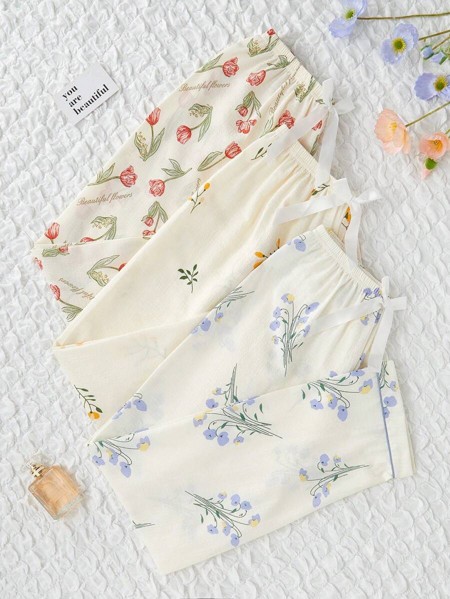 CottageSlumber Set de 3 pantalones de pijama con cintura elástica y estampado floral para vacaciones y temporada festiva