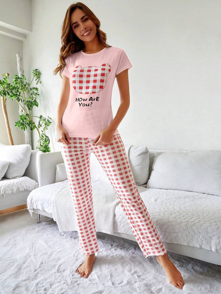 RueChic Ensemble de pyjama court à manches courtes avec slogan et motif à carreaux, avec masque pour les yeux, pour femmes