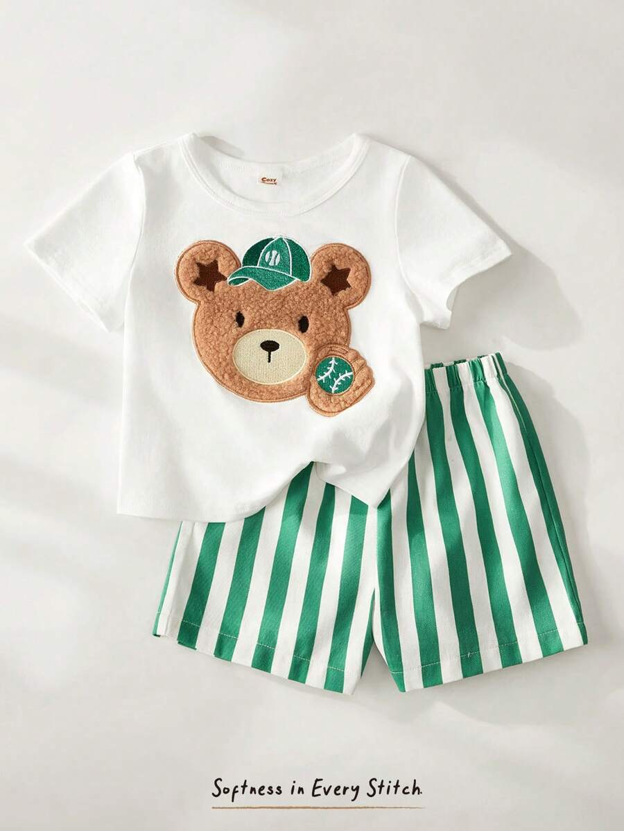 Cozy Pixies Conjunto de 2 piezas de top de manga corta con cuello redondo y pantalones cortos con cintura elástica a rayas para niño bebé, con estampado de oso de dibujos animados