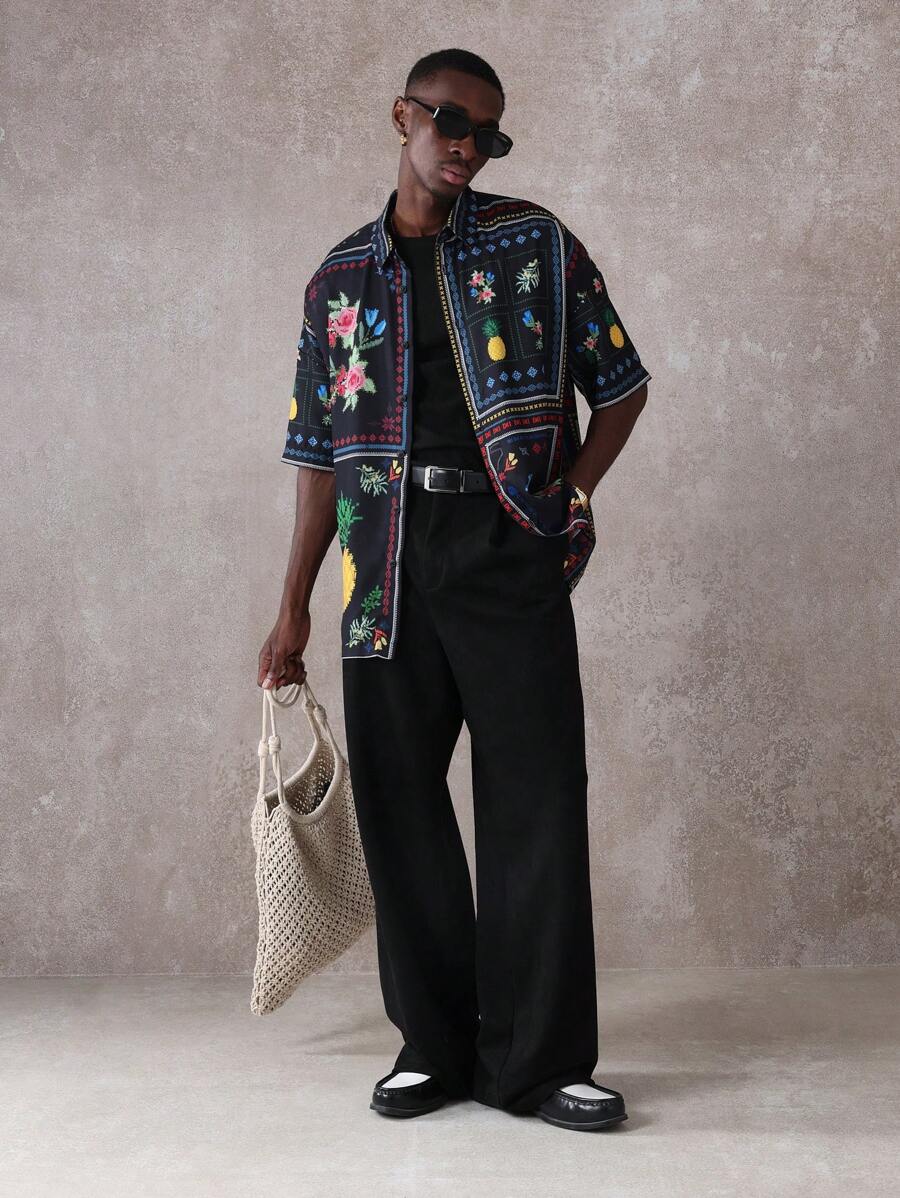 SUMWON Resort Shirt Short Sleeve Summer Floral Pineapple Print Button Down Casual Hawaiian Vacation Beach Party Tropical Retro Aop Mens Fashion Streetwear