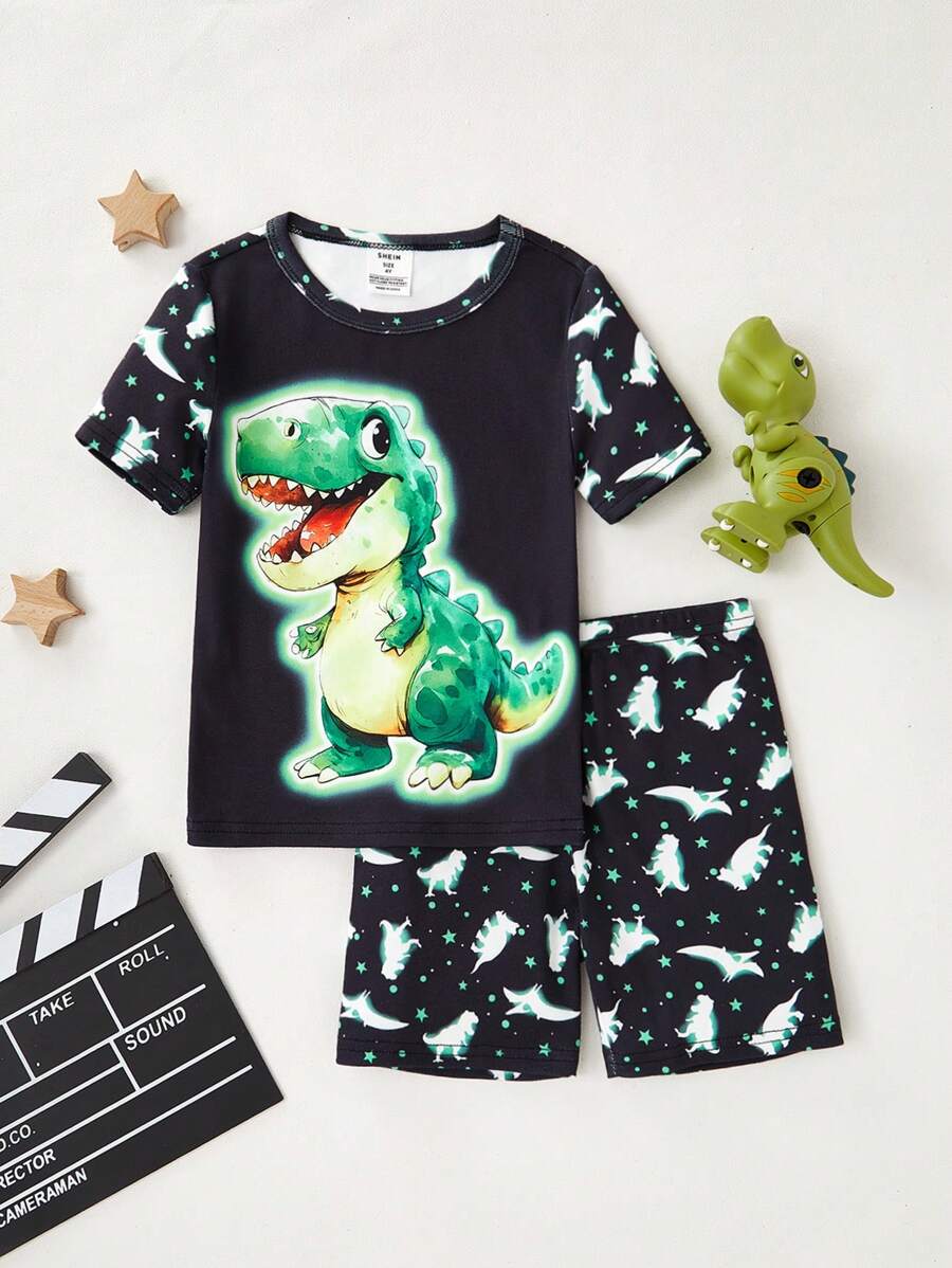 Set de 2 piezas con camiseta de manga corta con estampado de dinosaurio y pantalones cortos casuales y lindos para niño pequeño, pijama de ajuste ceñido