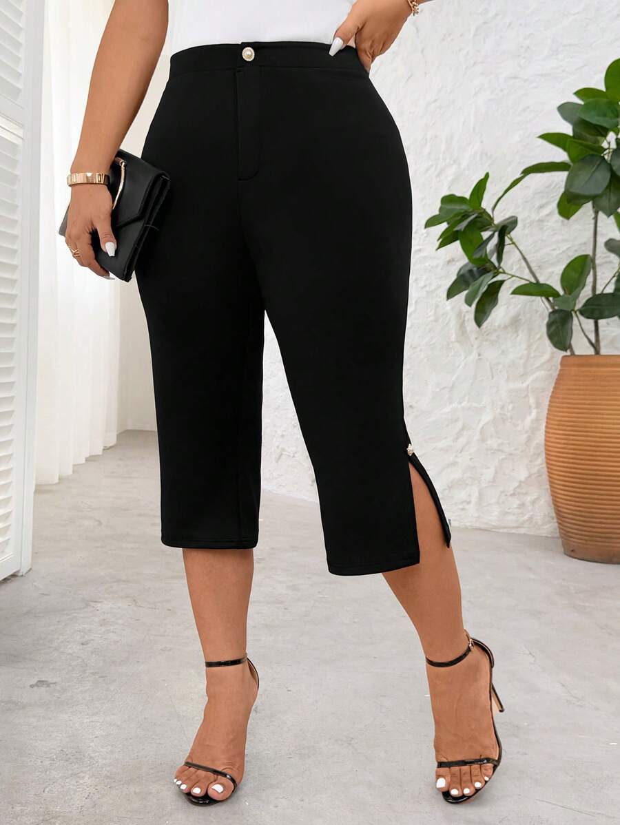 SHEIN Clasi Plus Size Women Elegant Wrap Decor Split Slim Fit Capri Pants, Fashionable Office Wear Casual Pants, Summer