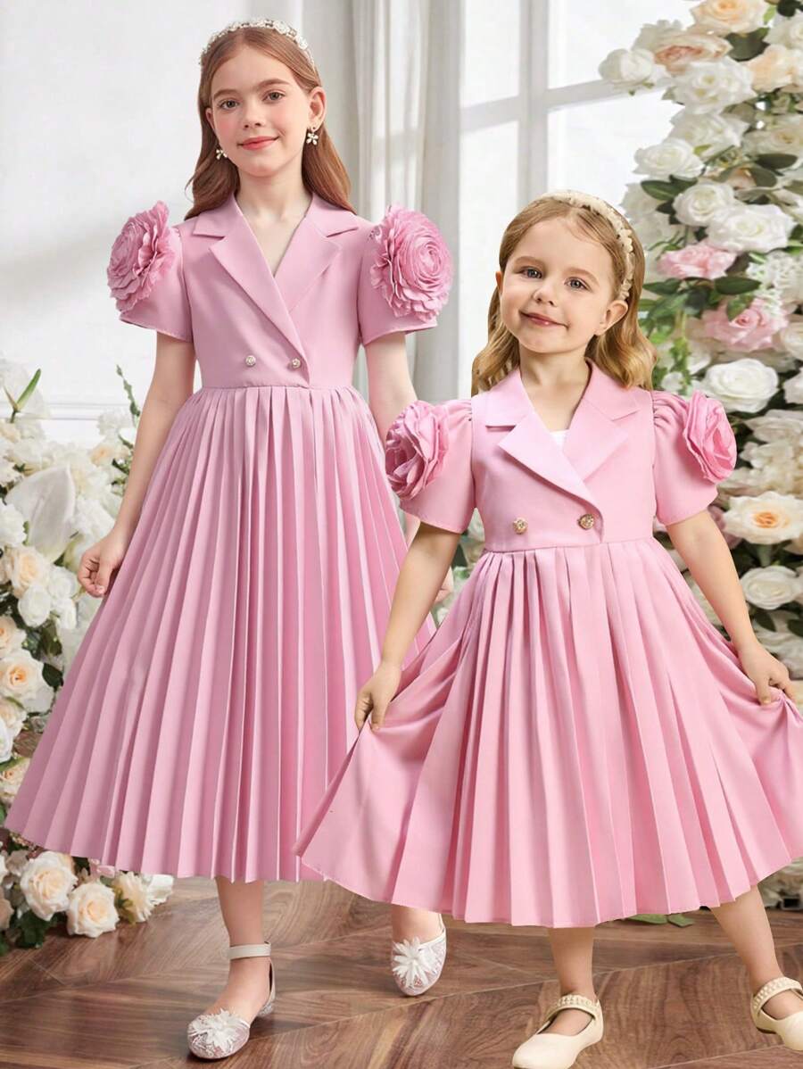 Tween Girls Pink 3D Floral Pleated Vintage Stylish Dress