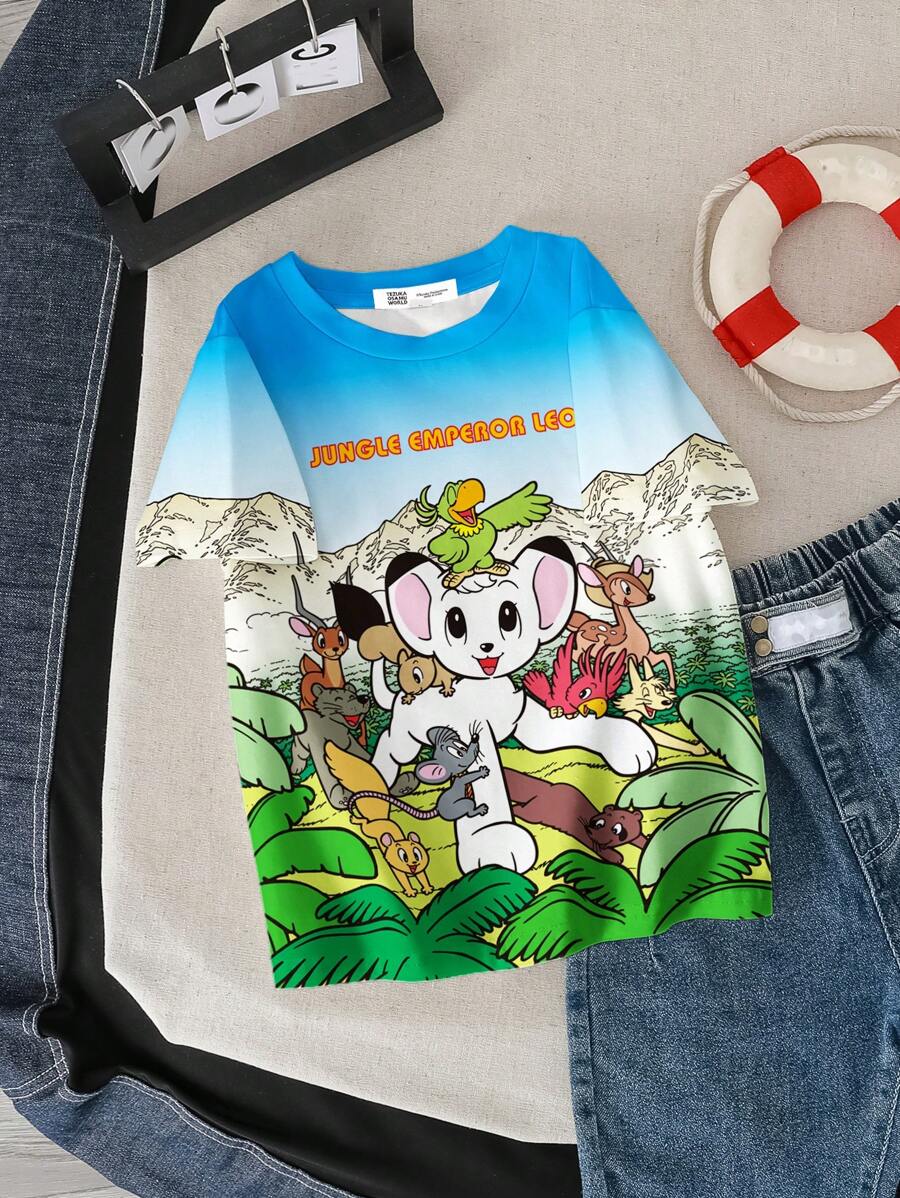 Kimba The White Lion X SHEIN Young Boy Summer Casual Animal Print Crew Neck Short Sleeve T-Shirt
