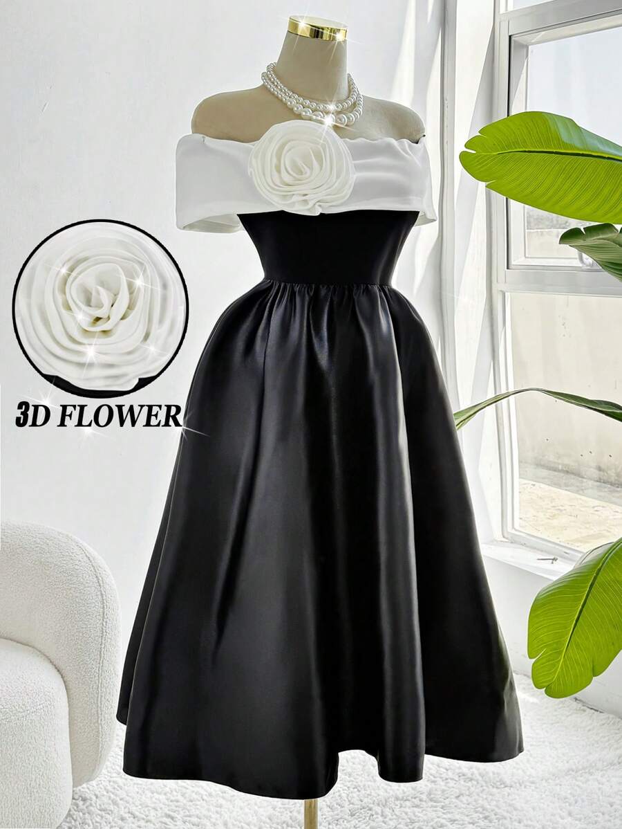 Franclia Abito da donna elegante con contrasto di nero e bianco, decorato con fiori, camisole a-line, adatto per compleanni, lauree, concerti, discoteche, nuova collezione primavera/estate