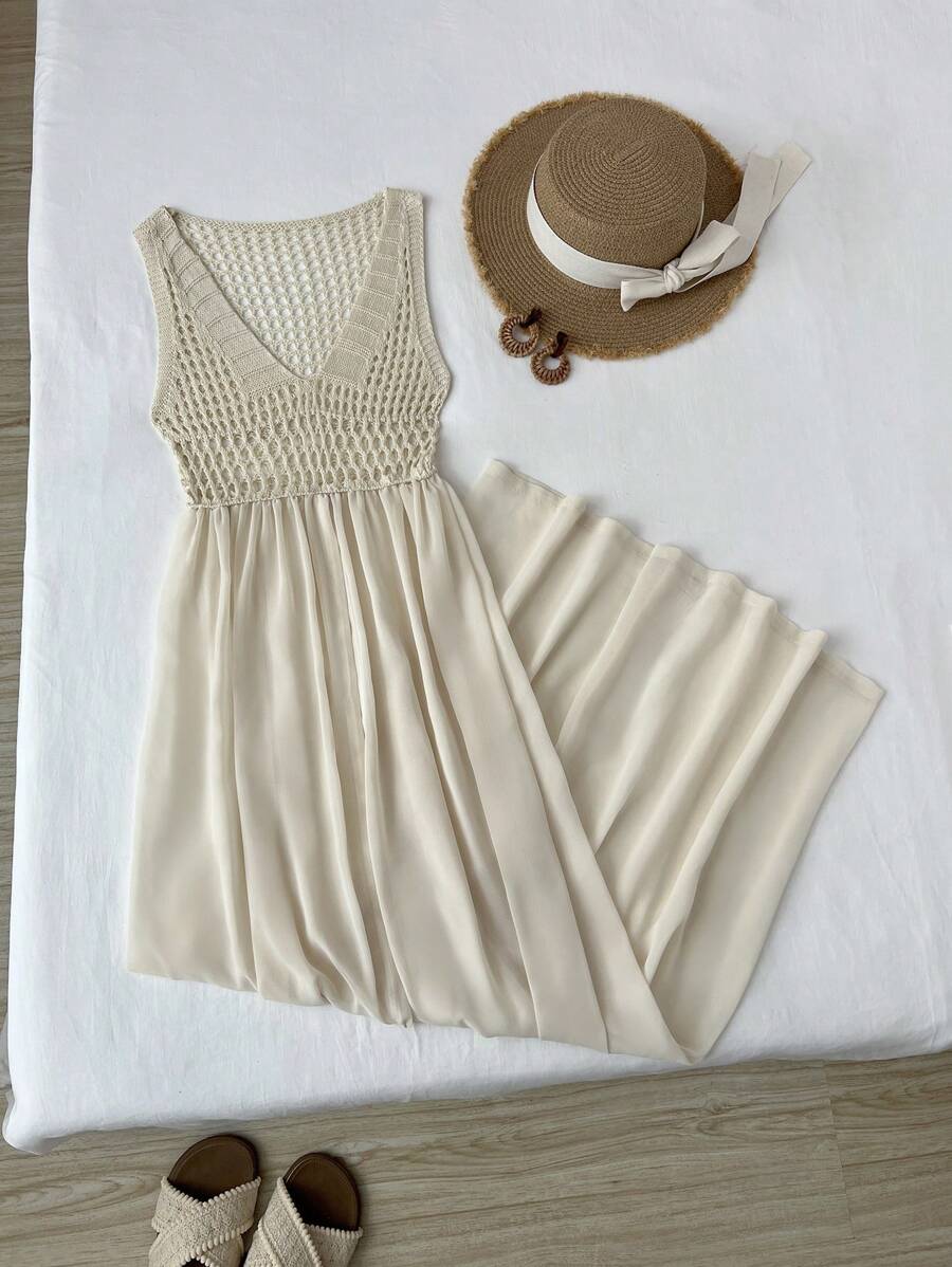 Flirla Abito maglia bianco versatile e sexy con stile patchwork da vacanza