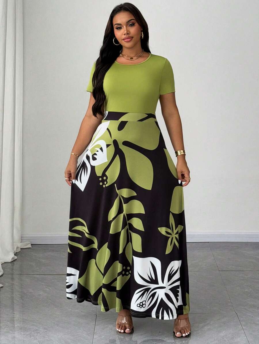 Celure Plus Size Women Botanical Print Round Neck Short Sleeve Dress, Holiday Style