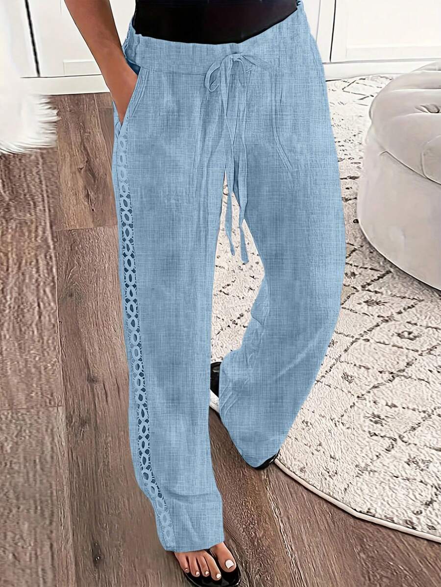 SHEIN LUNE Women Denim Effect Solid Color Pocket Side Ruffle Casual Pants For New Year Clothes