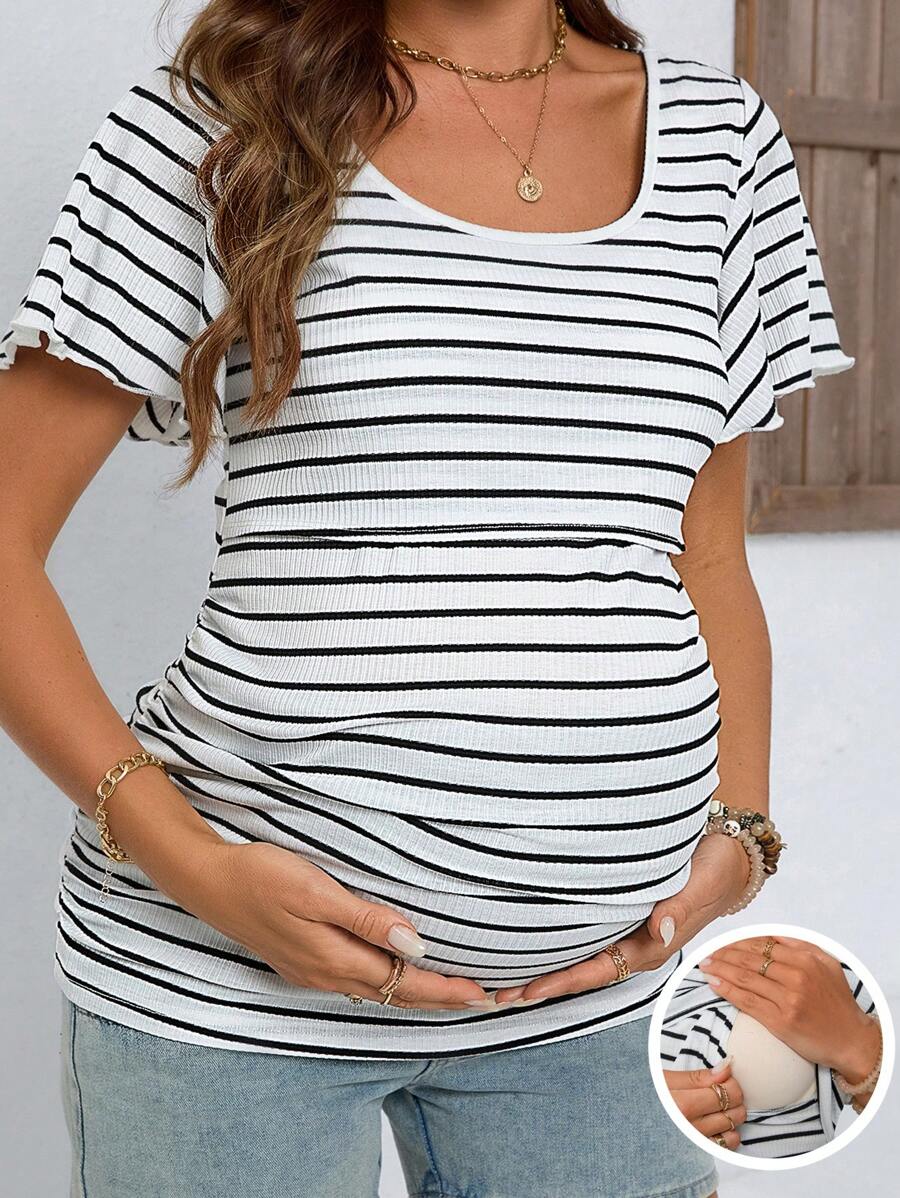 SHEIN Camiseta acanalada ajustada con volantes laterales para maternidad y lactancia, de verano