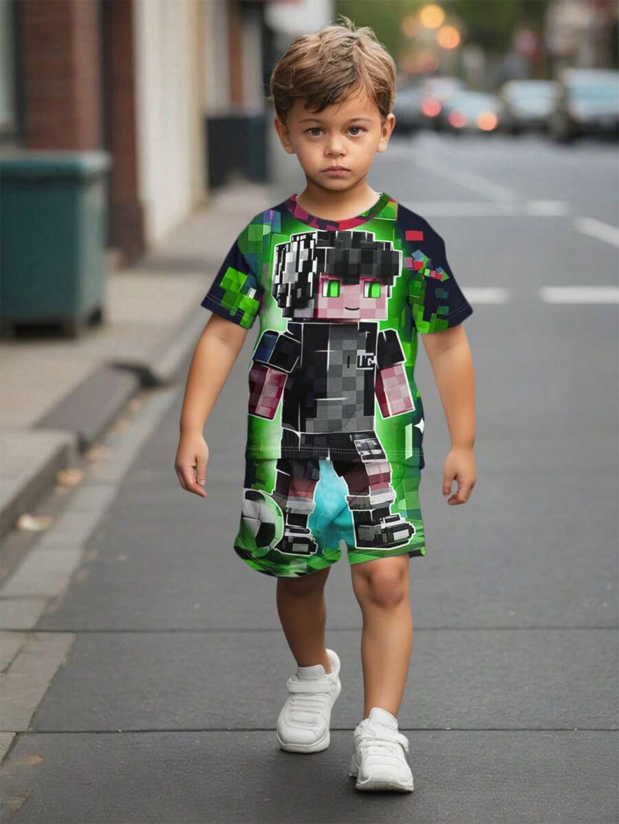 SHEIN Set de 2 piezas de camiseta de manga corta de cuello redondo casual y pantalones cortos para niño pequeño, adecuado para el verano