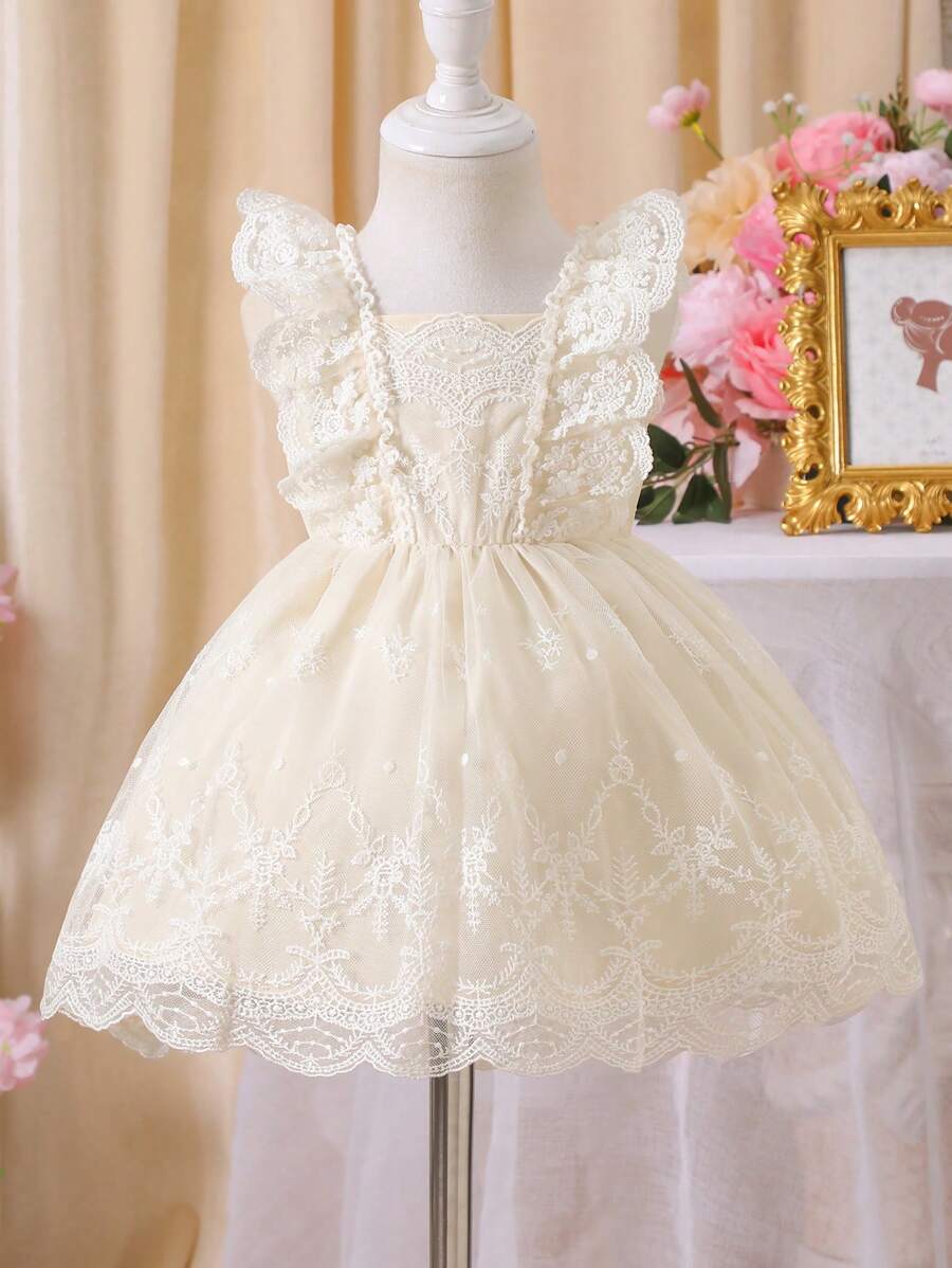 SHEIN Glamorique Kids Baby Girl Embroidered Ruffled Front Crew Neck Cute Mini Dress, Spring/Summer Elegant Dresses For Baby Girl
