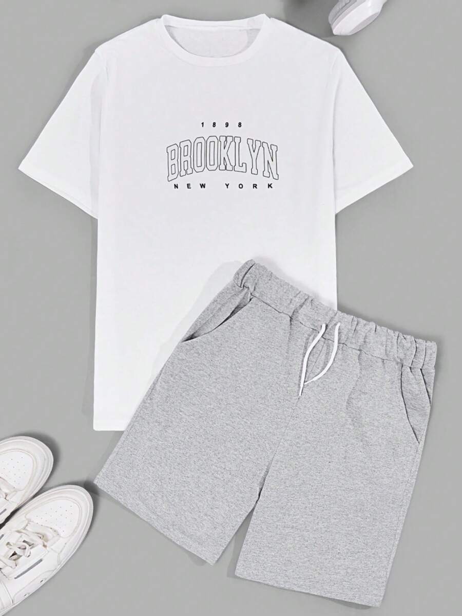RueChic Ensemble deux-pièces t-shirt régulier à imprimé lettrage et short en coton pour hommes