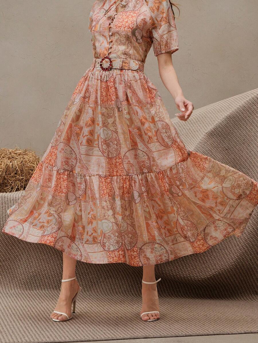 Anewsta Bohemian Floral & Geometric Print High Waist A-Line Skirt For Women, With Pearls, Rhinestone Belt, Casual Elegant Beach Festival Holiday Vacation