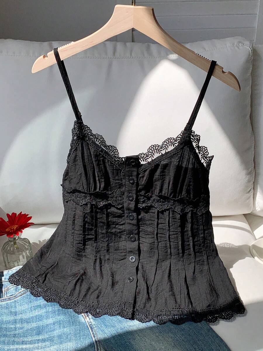Comfortcana Camisa de mujer de verano con botones delanteros y contraste de encaje