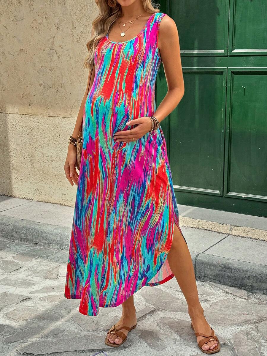 SHEIN Abito maternità casual con spacchi laterali e stampa tie-dye
